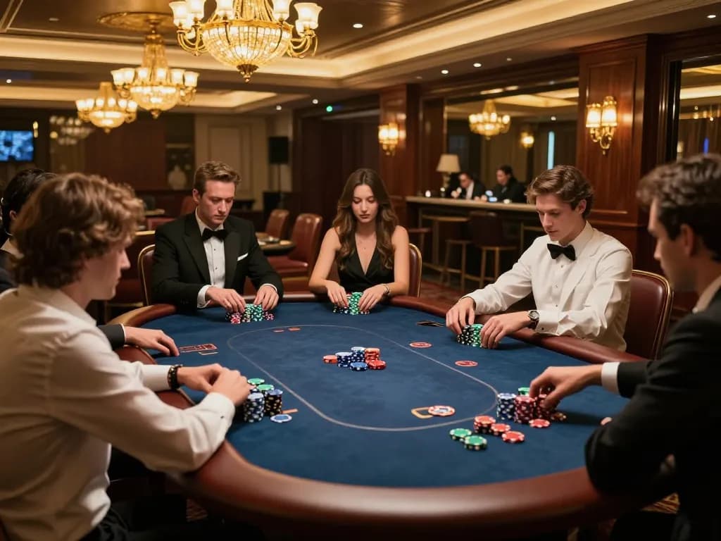 ku88 VIP poker players engaged at an exclusive casino table, showcasing high-stakes excitement and luxury.