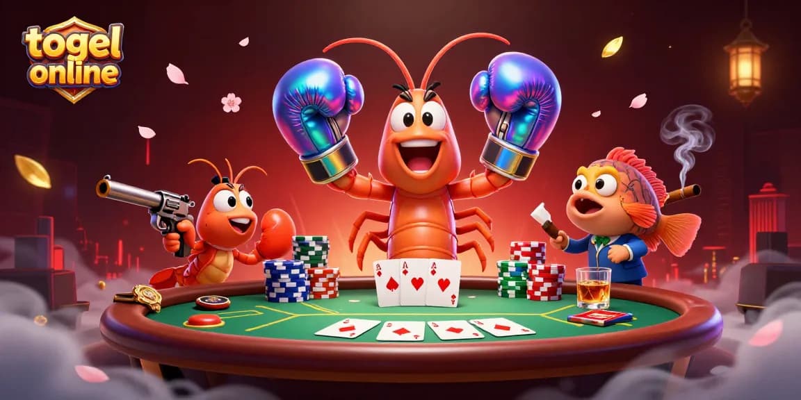 Engage with togel online gaming featuring a mantis shrimp championing poker amidst colorful chips and community cards.