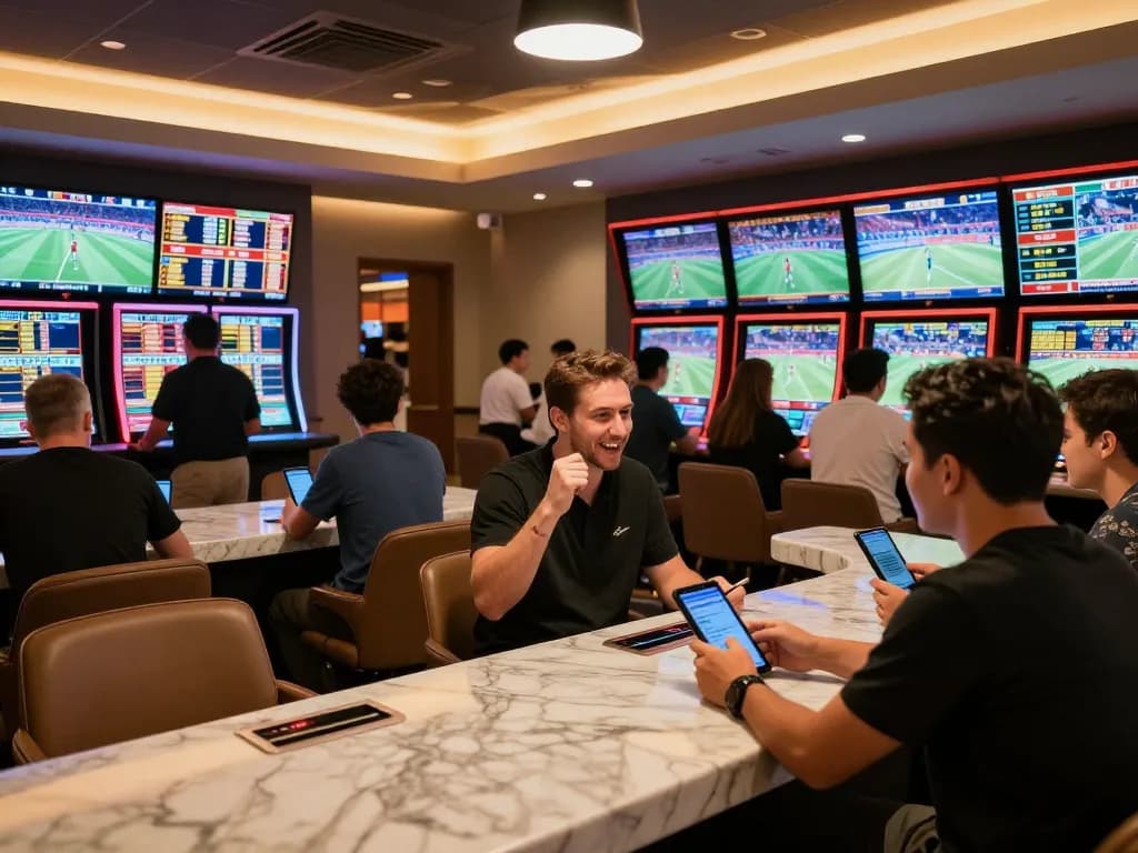 Betting enthusiasts analyzing odds at a dynamic sports betting area with screens displaying live events.