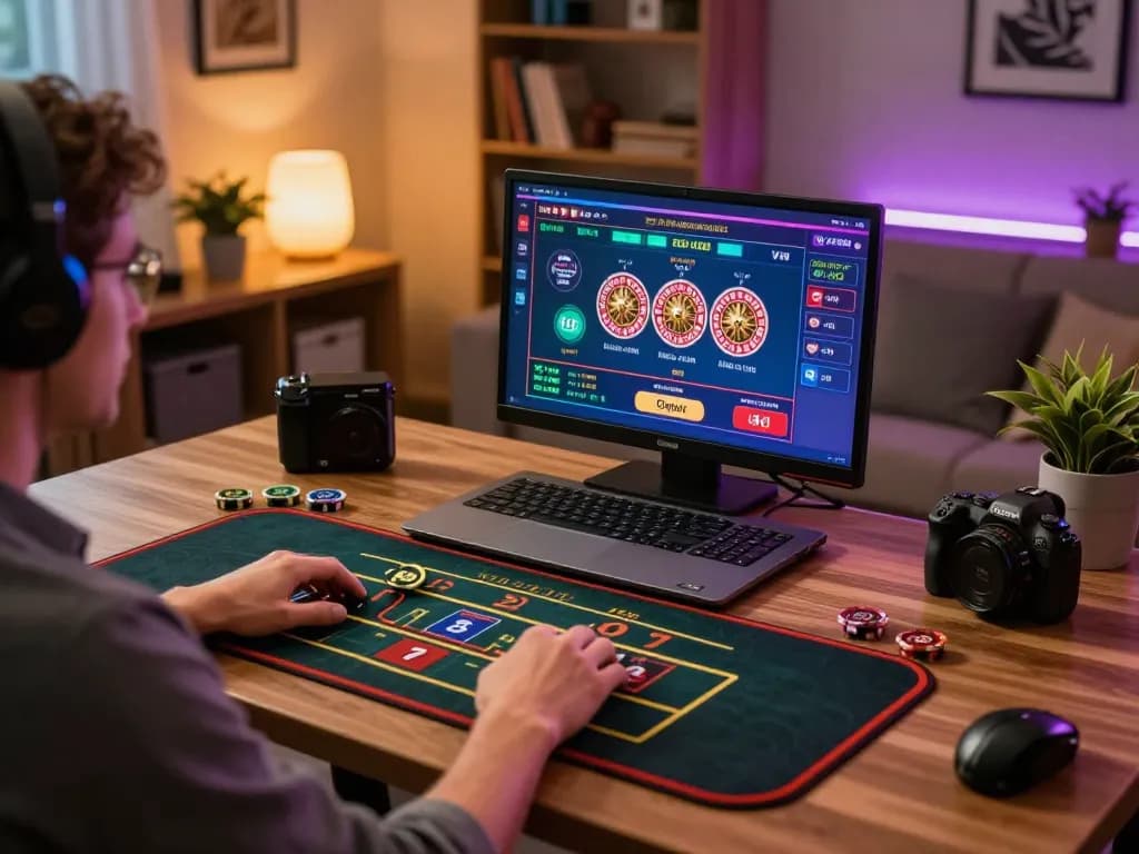 Player enjoying live dealer games on laptop, highlighting the exciting experience of online gambling at https://ck444s.net/ with strategic gameplay