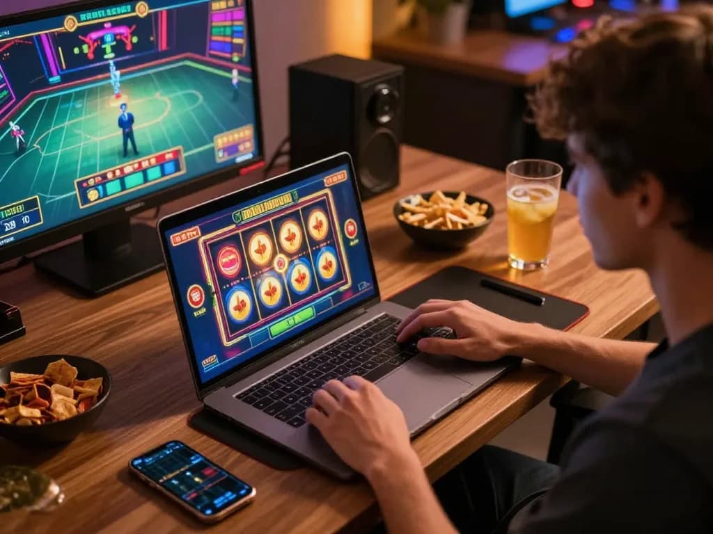 Player engaging in online slot game while using inkingrey for strategic betting, enjoying a cozy environment.