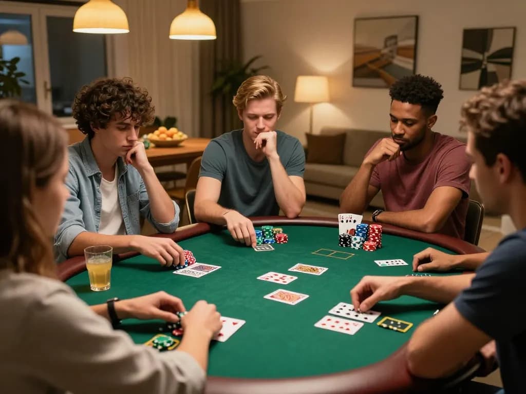 Friends playing poker at home, showcasing engaging moments with okking chips and cards.