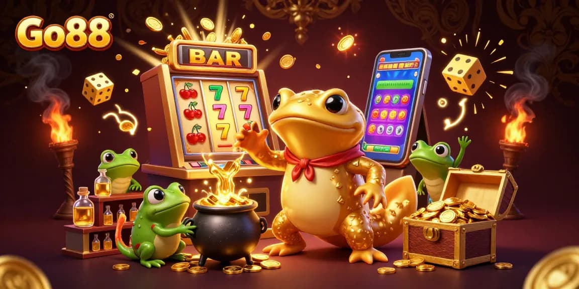 Experience thrilling wins at Go88 with a colorful dynamic scene of casino games and golden treasures.