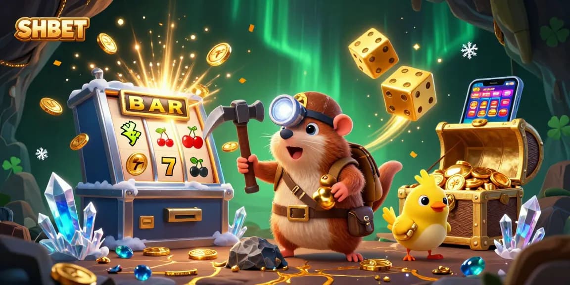 Experience thrilling wins with SHBET: a vibrant casino adventure featuring a treasure hunter and gems.