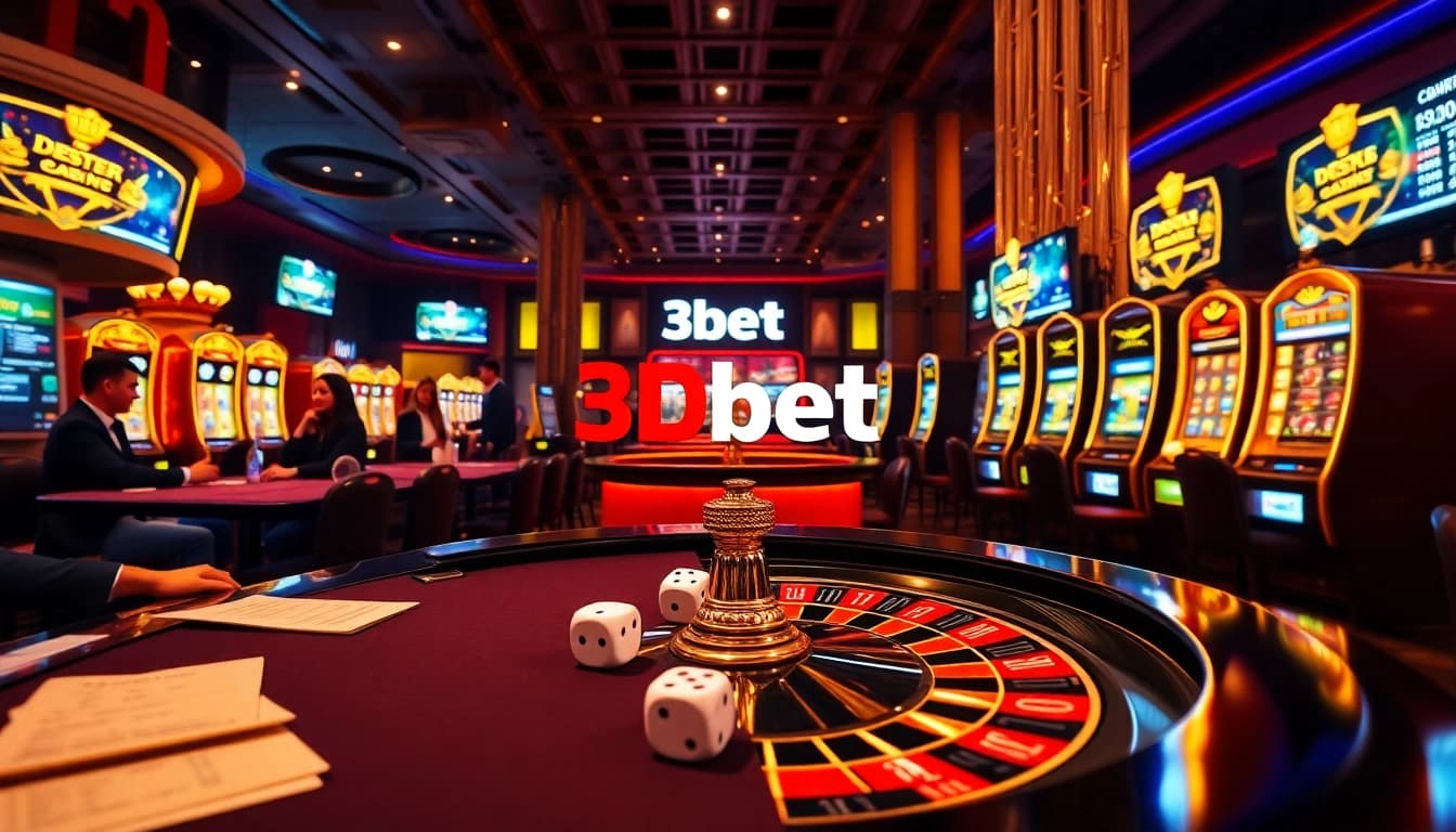Experience the thrill of online gambling with 3Dbet's engaging casino ambiance featuring lively tables and slots.