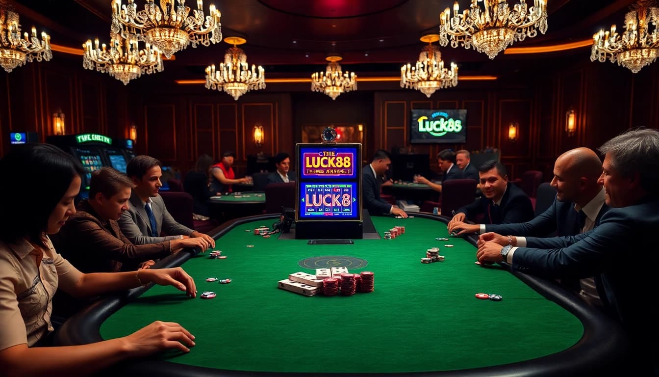 LUCK8 players enjoying an exciting poker game at a luxurious casino table with vibrant colors.