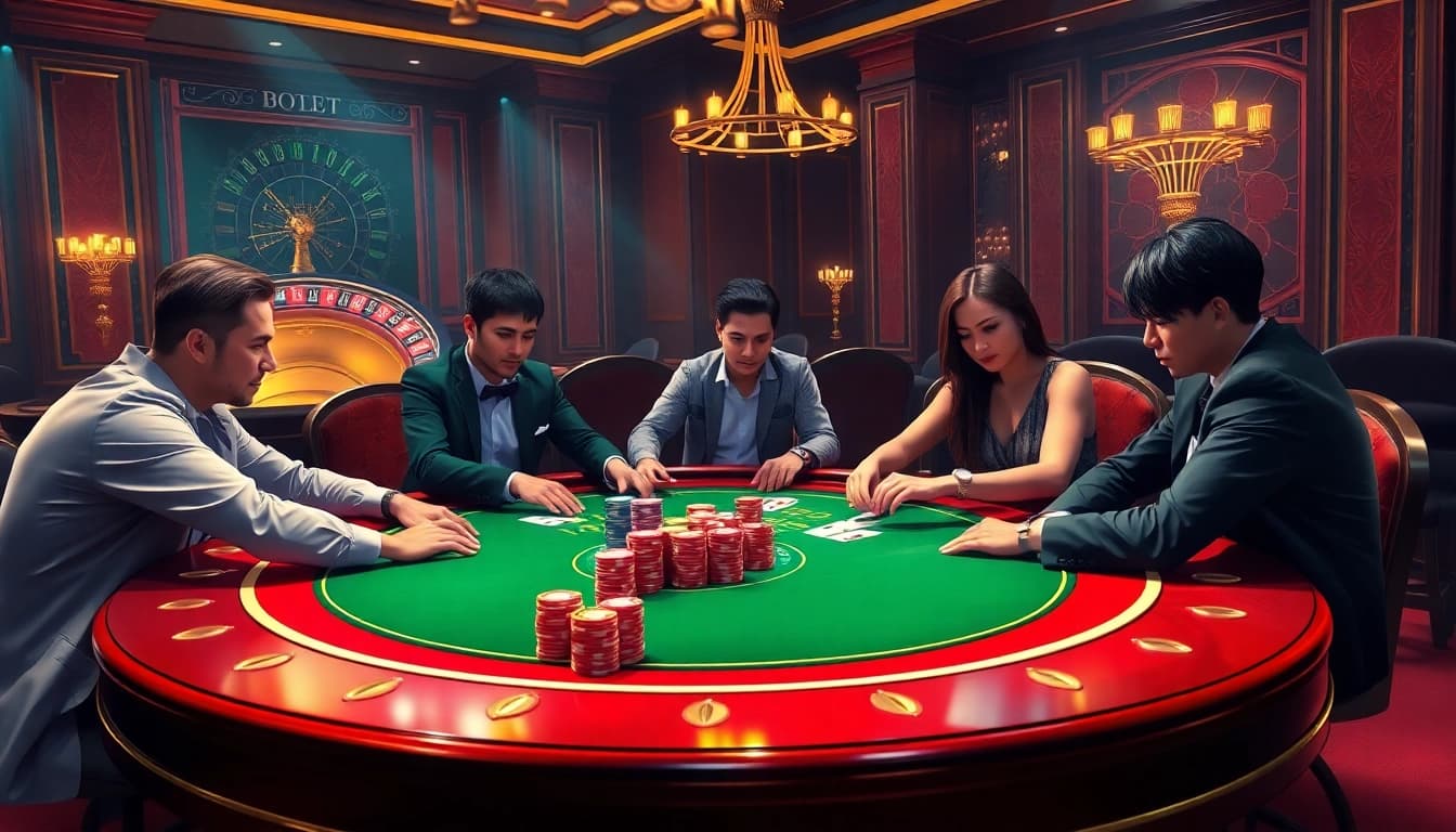Players enjoying a thrilling poker game at the elegant BDTK1 casino table filled with colorful chips.