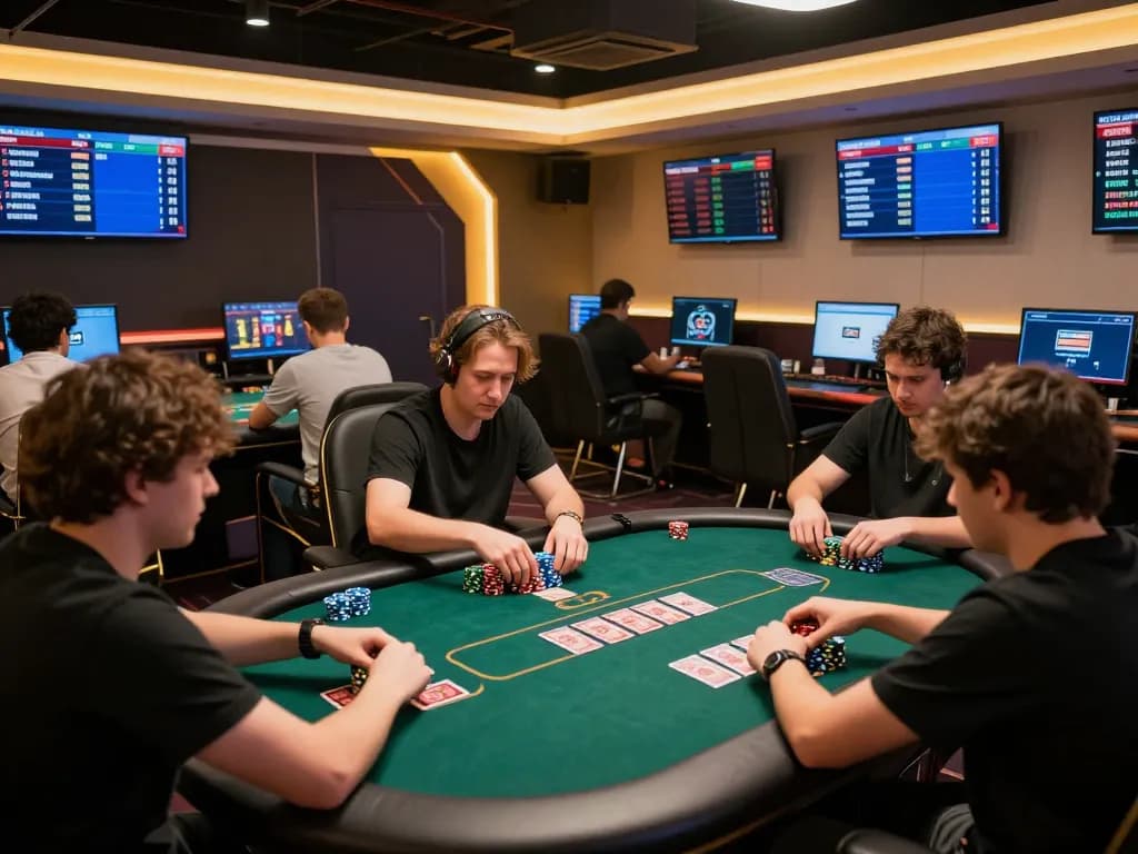 MMOO players competing intensely at online poker tables, showcasing strategy and excitement.