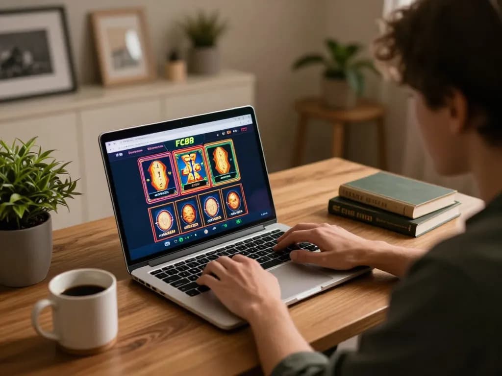 Engaging player enjoying online gambling experience at FC88 with laptop and strategy notes