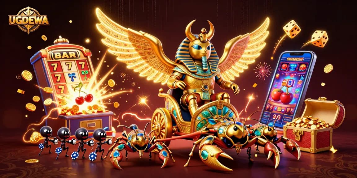 Spin the reels at UGDEWA with a captivating jackpot scene featuring vivid casino elements.