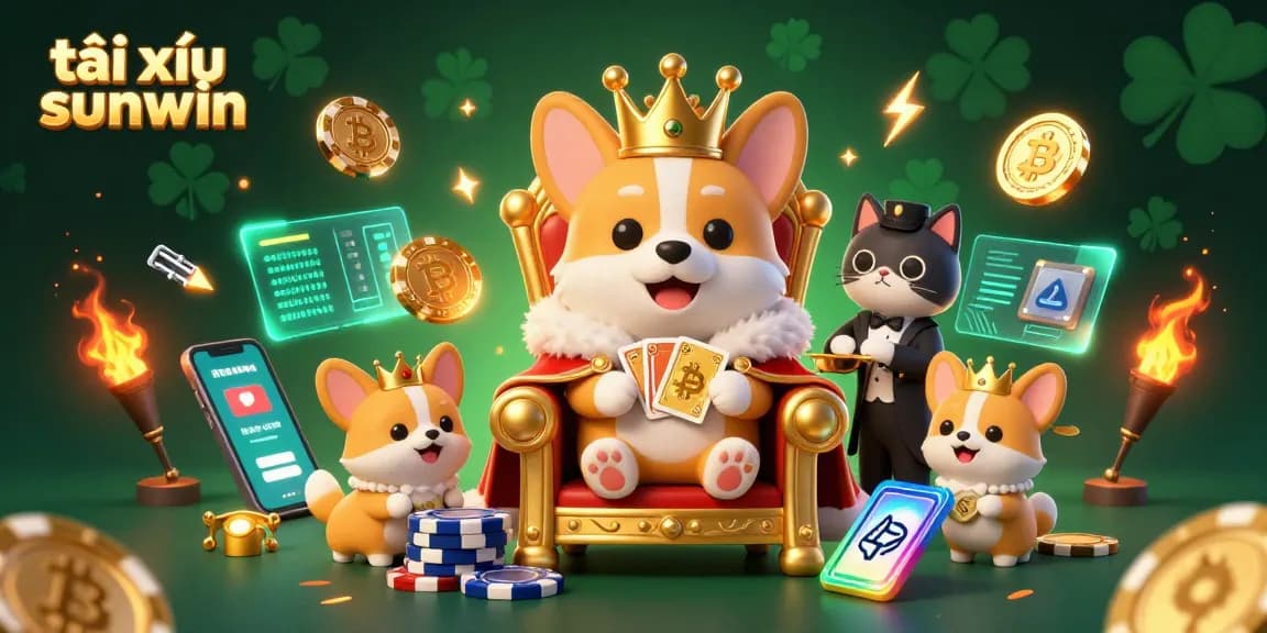 Tài xỉu sunwin featuring a royal corgi on a throne, surrounded by cryptocurrency elements and dramatic effects.