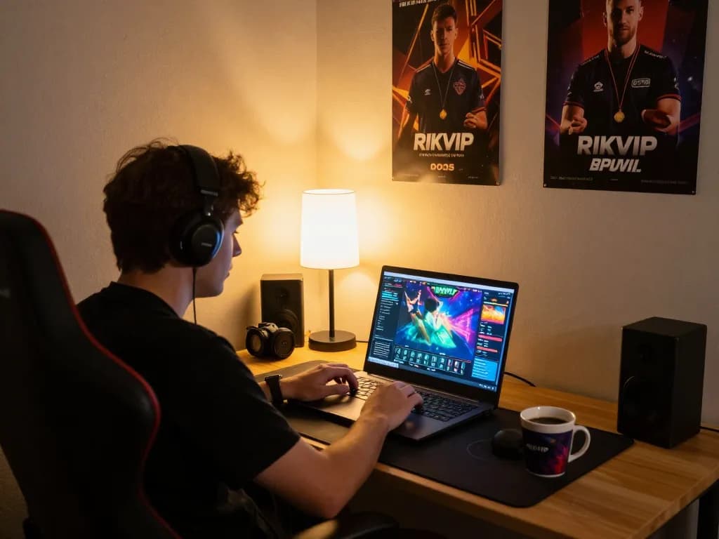 Engaged player navigating RIKVIP online casino game interface at home with laptop.