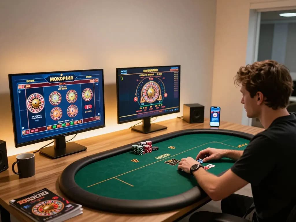 Player analyzing strategies for online poker at gnk88's gaming setup, showcasing competitive atmosphere