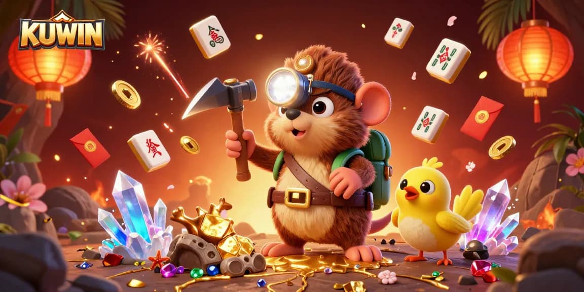 Exciting KUWIN casino scene with a treasure hunter mole and gold-filled cave backdrop.