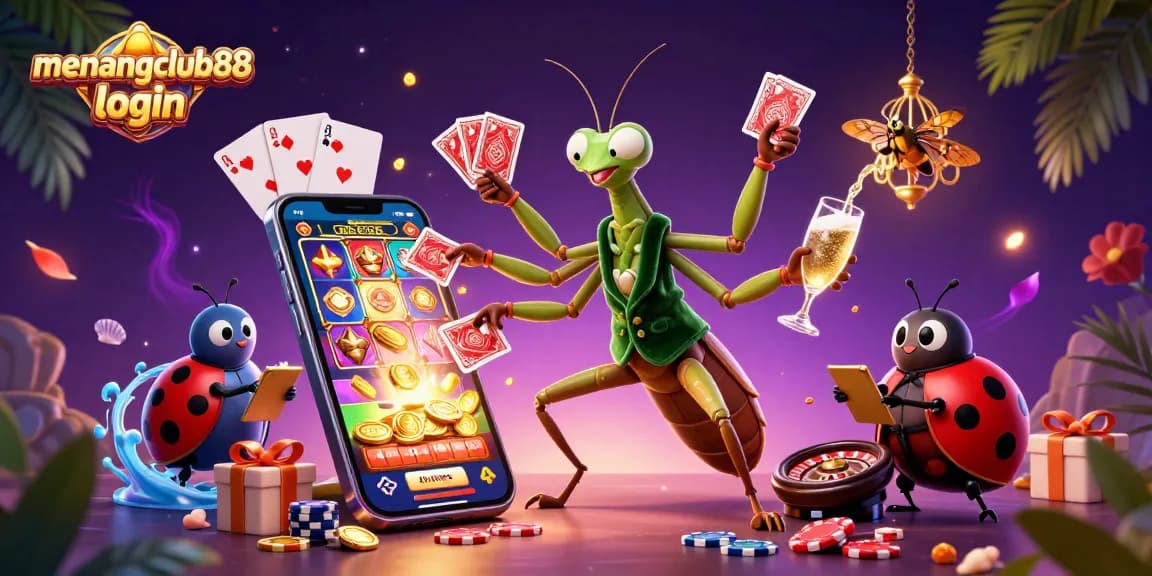 Experience the thrill of menangclub88 login with a vibrant casino-themed 3D illustration featuring engaging characters.