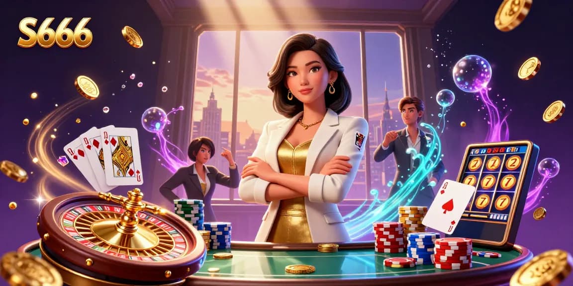 Experience S666's thrilling casino action with an elegant dealer, golden cards, and dynamic game elements.
