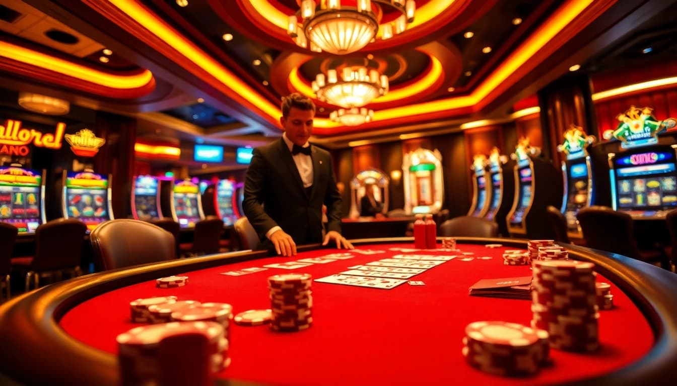 Experience the thrill of gambling at 33win68 with vibrant casino scenes showcasing poker action.