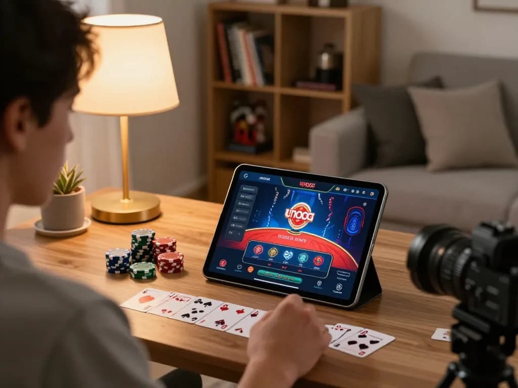 Engaging in Unogg online casino gaming with focus and strategy in a cozy living room.
