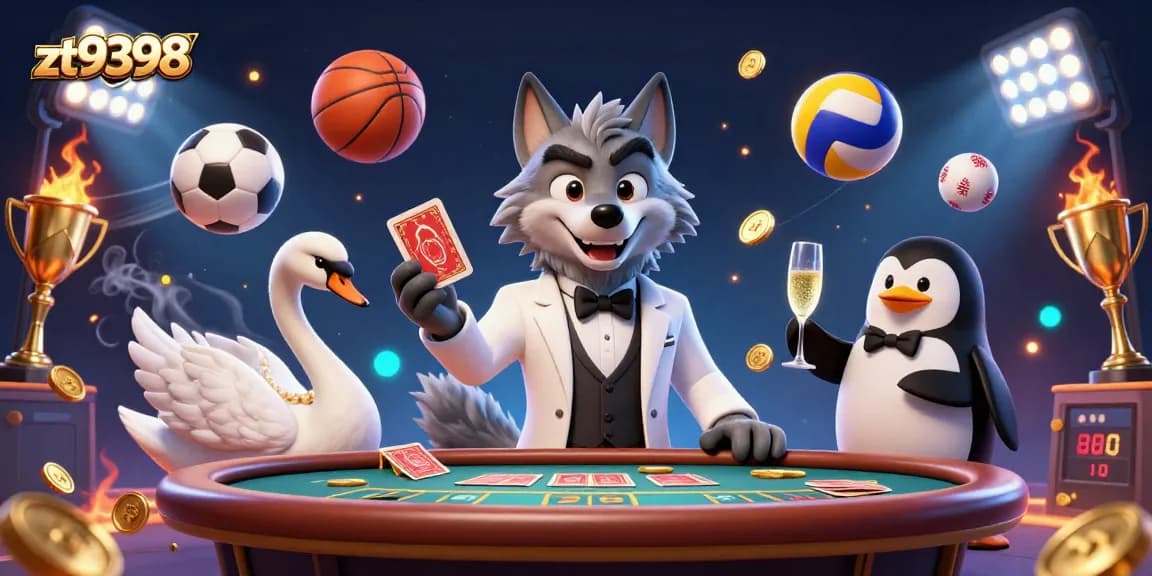Experience thrilling action at zt9398 with a debonair wolf and elegant swan dealing cards.