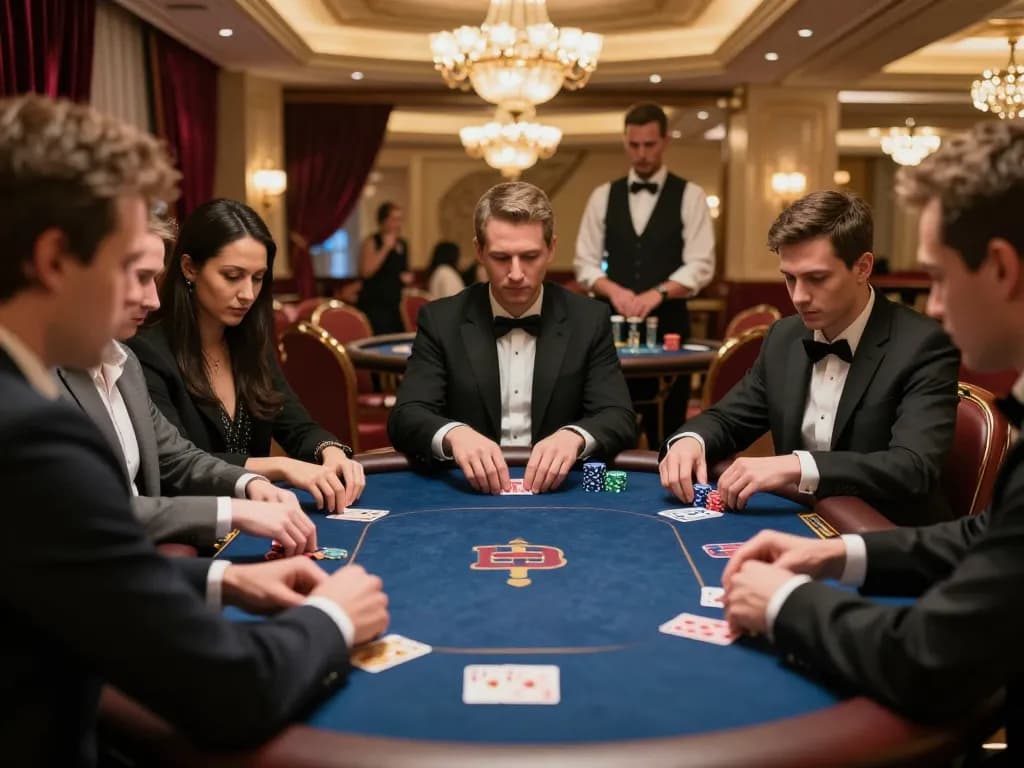Players engage in strategic poker gameplay at a high-stakes table in luxury casino, showcasing blueskybuds' thrilling experience.