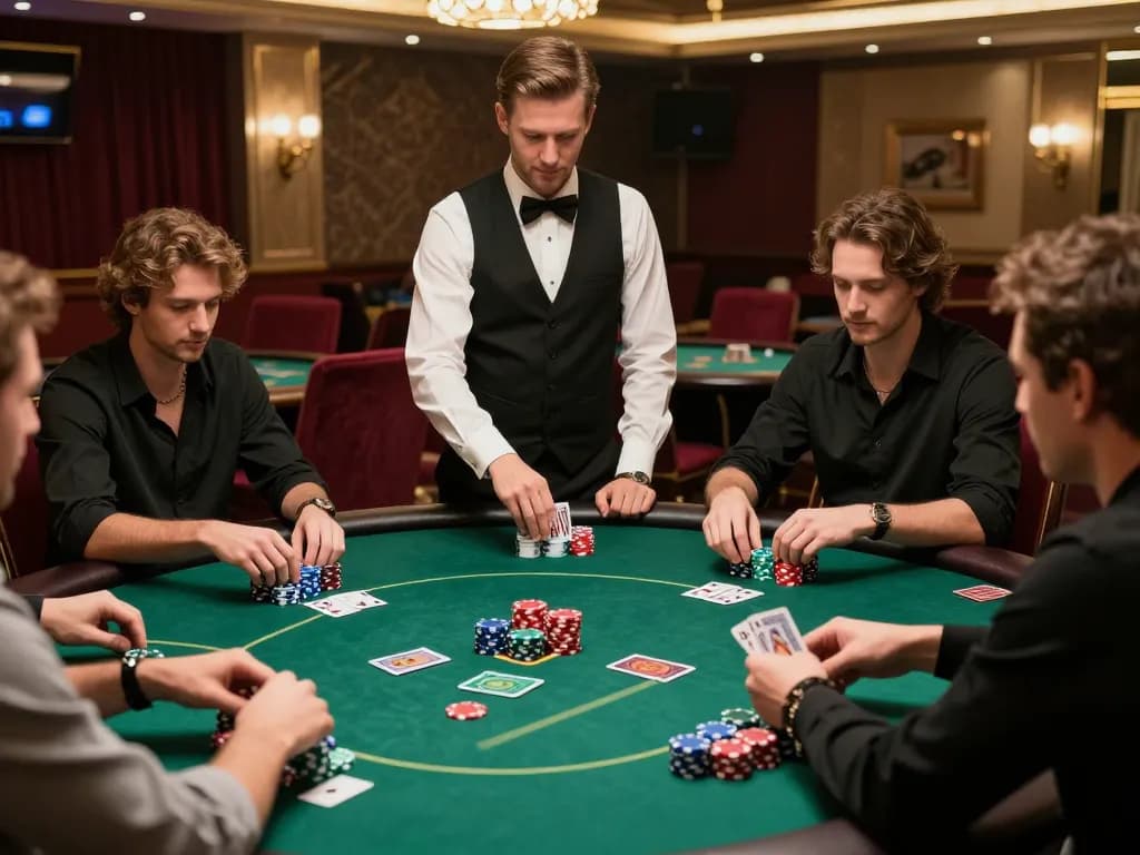 Players enjoying a thrilling poker game at MM99 casino with vibrant chips and focused expressions