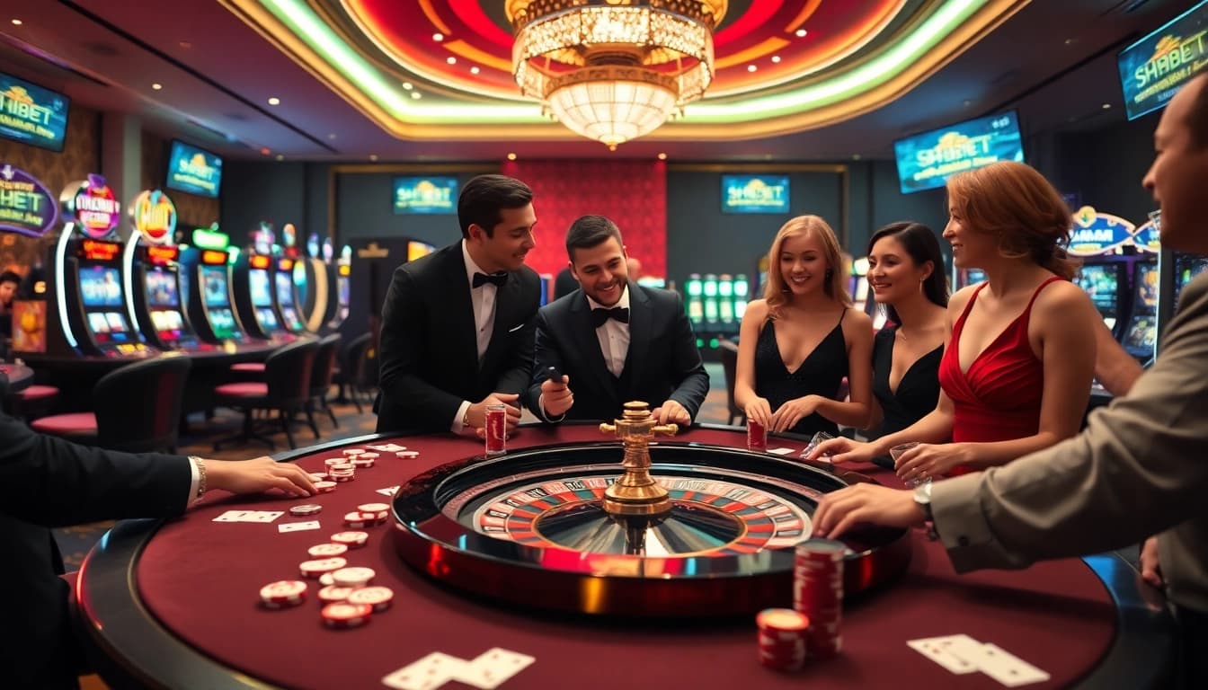Engage in high-stakes action at SHBET with poker chips and a roulette wheel.