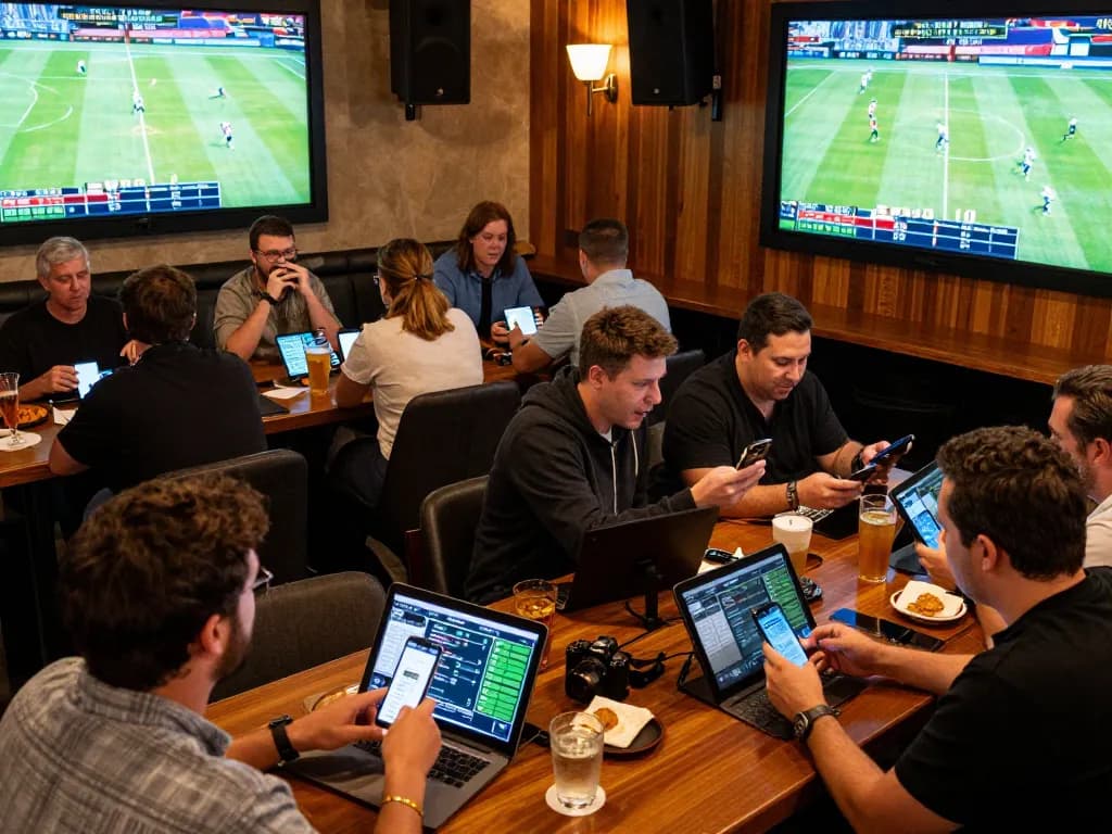 Excited patrons actively placing bets on their smartphones at a vibrant sports bar for link 45678 events