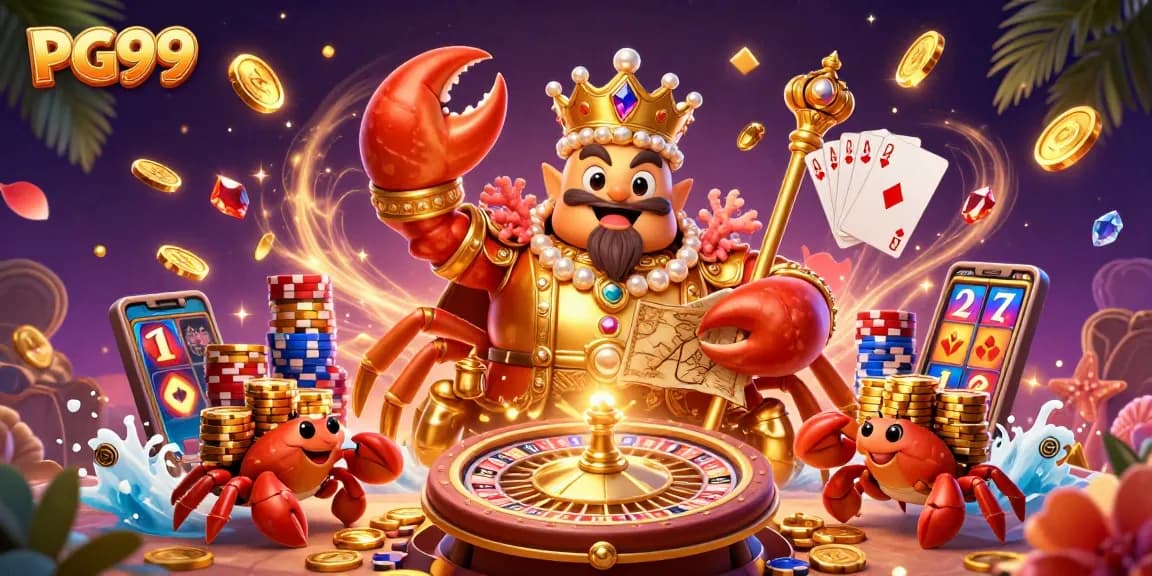 Explore interactive gaming at PG99 with the vibrant crab emperor amidst golden coins and casino elements.