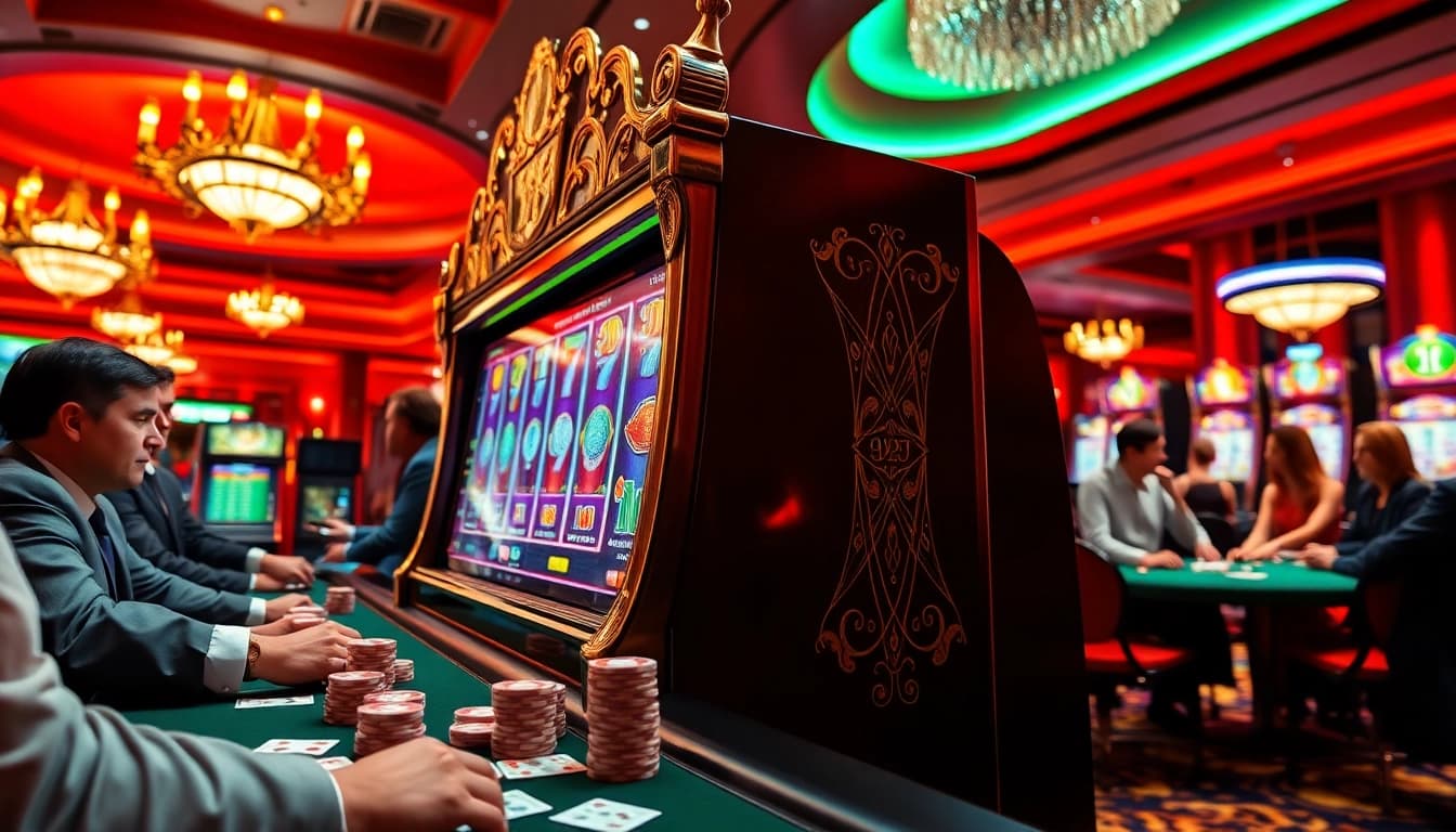 Players celebrating a big win at a slot machine in a lively casino atmosphere.