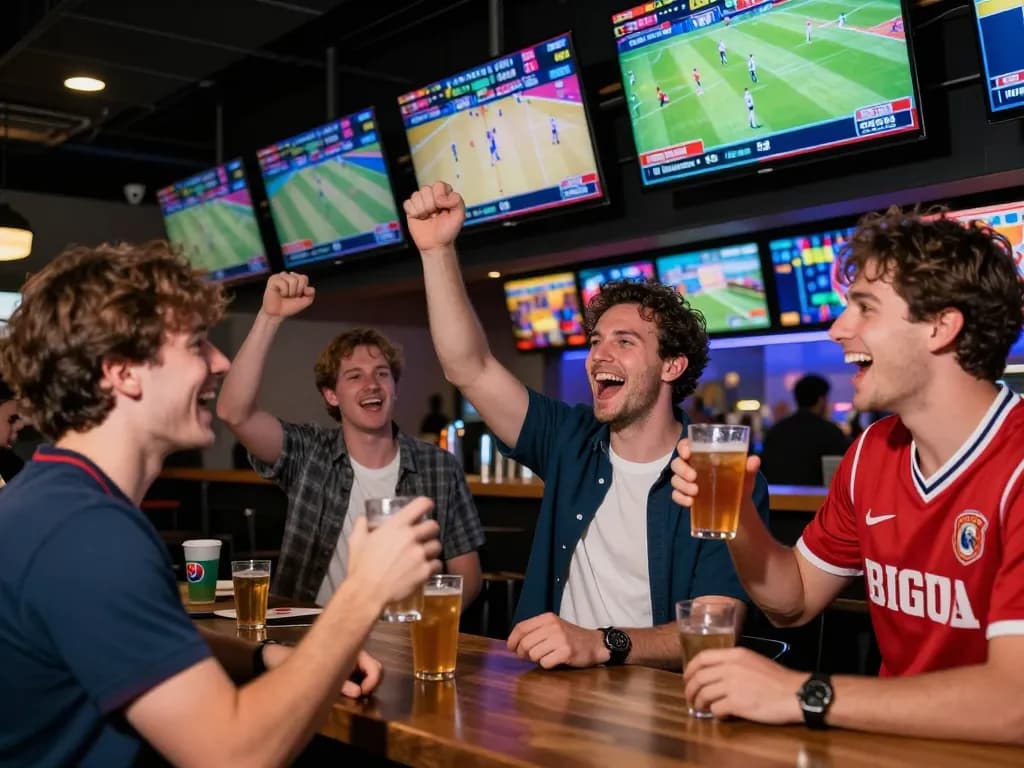 Engaging sports betting moment on MPOSPORT with friends cheering during live games