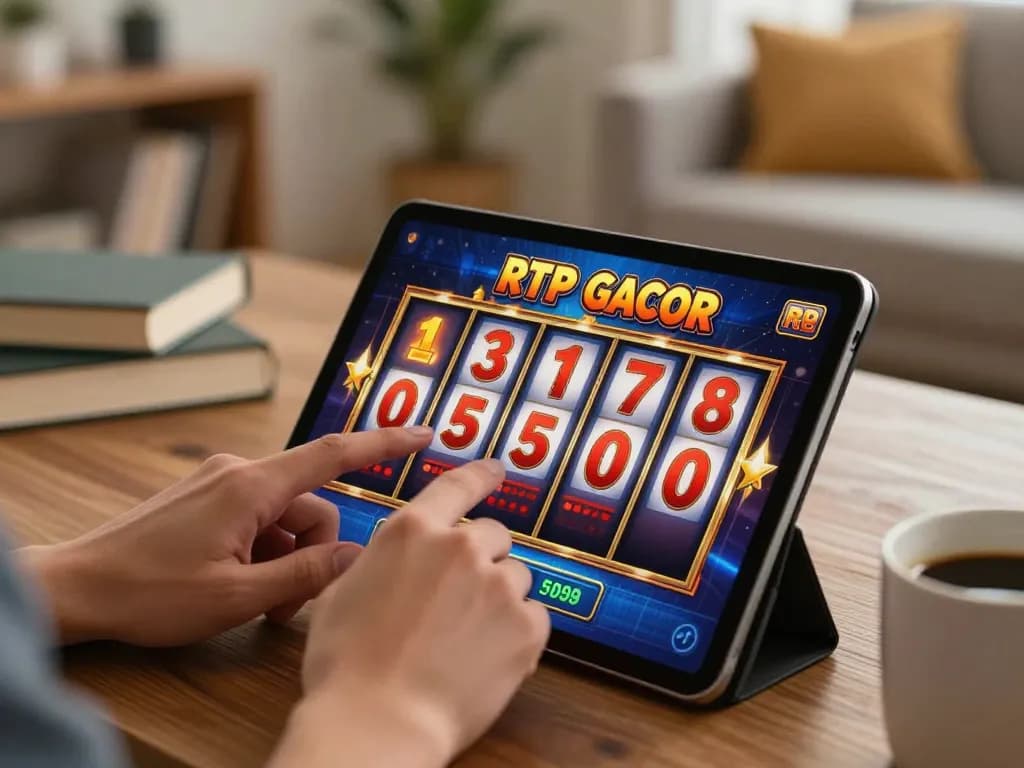 Engaging with RTP slot gacor on a tablet, showcasing home gaming setup with warm lighting.