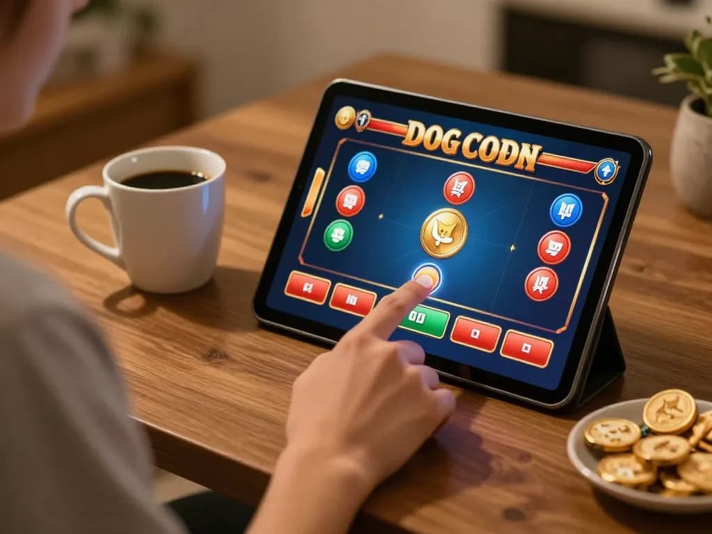 Engaging in a Dogecoin casino game on a tablet in a cozy home setting with snacks.