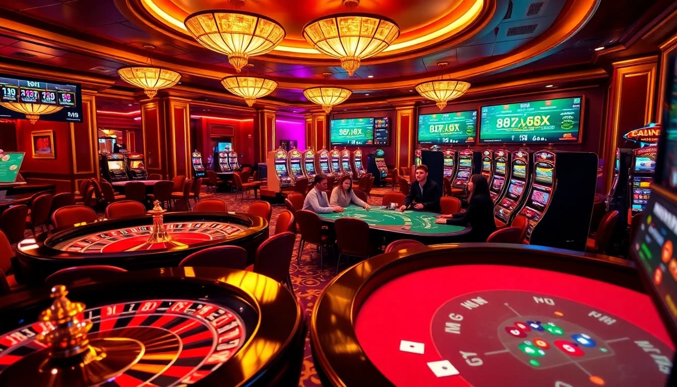 Engaging players winning big at 88xx casino featuring roulette and poker tables.