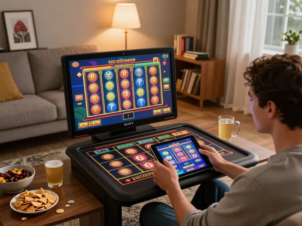 Kuwin online gaming scene with a player enjoying slots on a tablet in a cozy setting