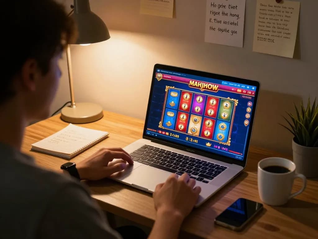 Engaging with situs slot mahjong online on a laptop in a cozy gaming corner, showcasing vibrant graphics.