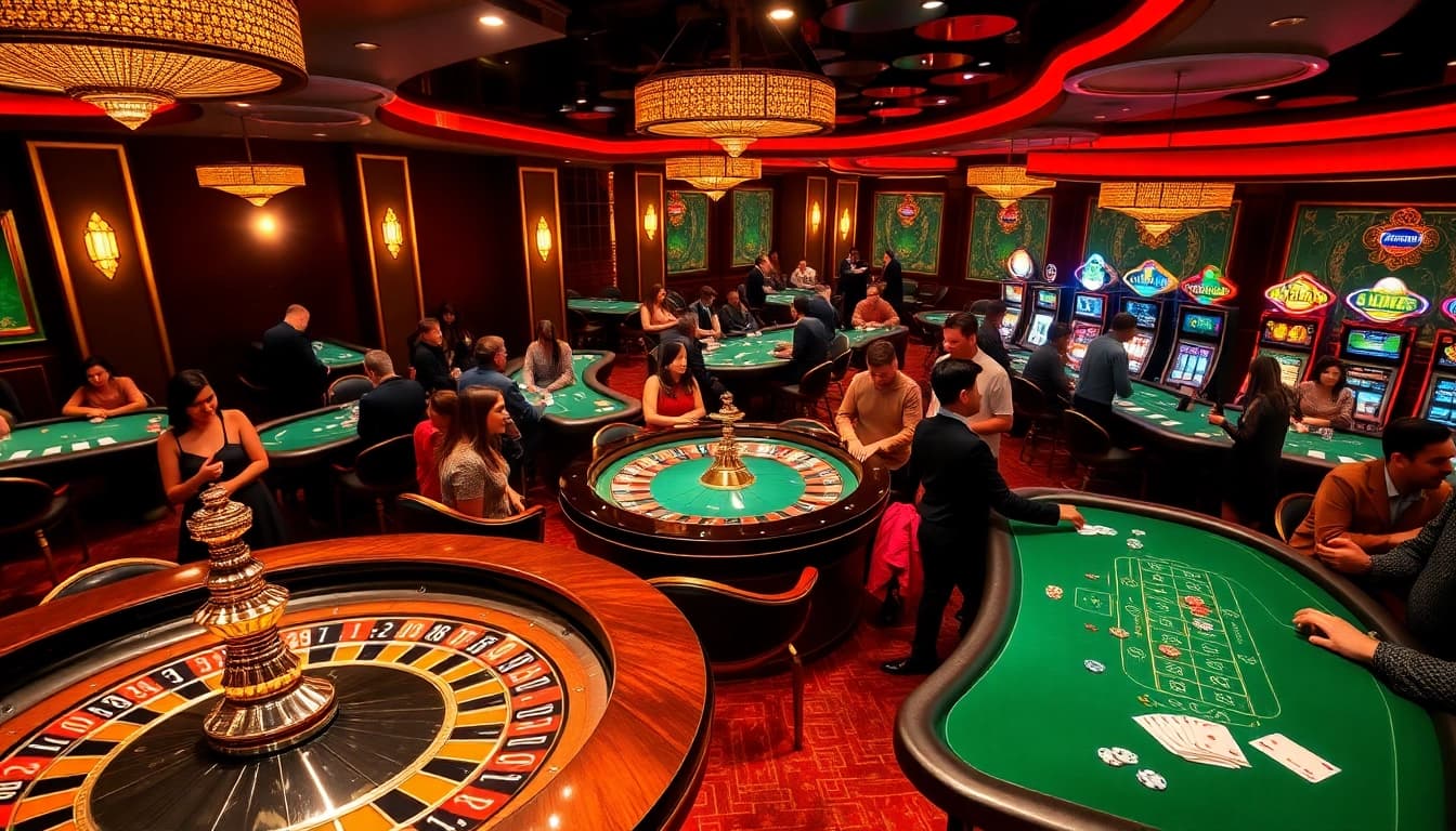 LUCK8 casino scene featuring poker players and a roulette wheel, capturing the excitement of online gambling.