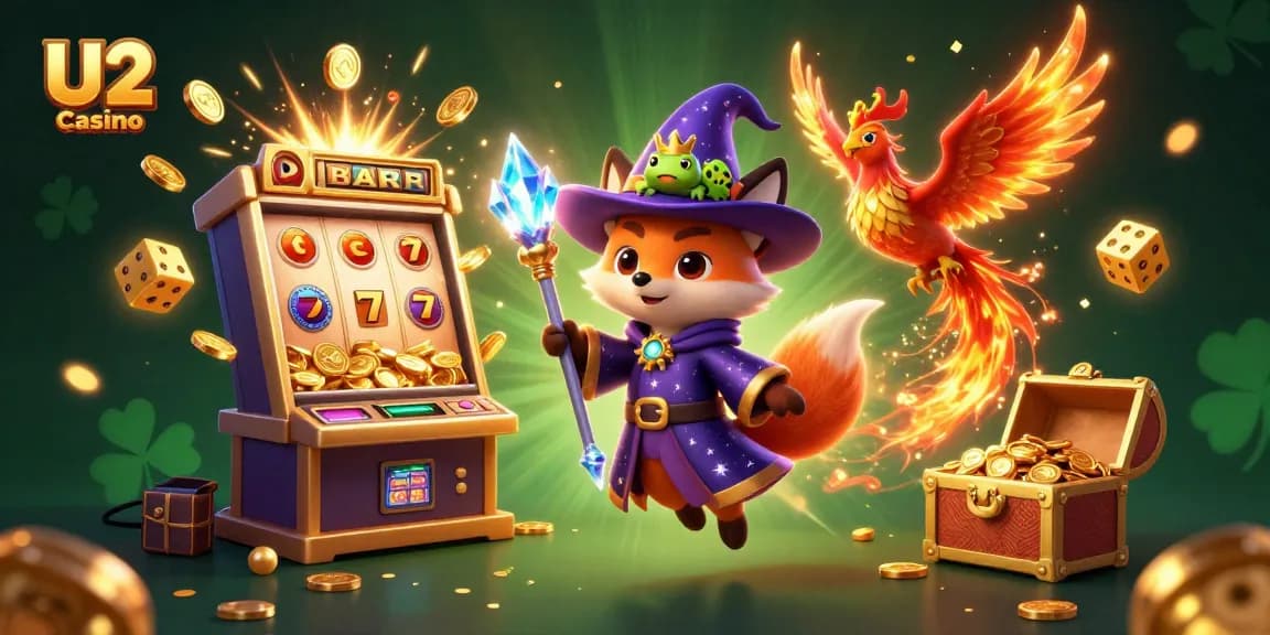 Experience the vibrant excitement of U2 Casino with a 3D illustration featuring a wizard fox, phoenix, and casino elements.