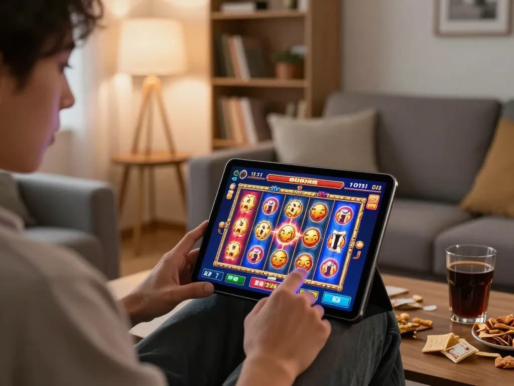 Enjoying slot online gameplay on a tablet in a cozy living room setting.