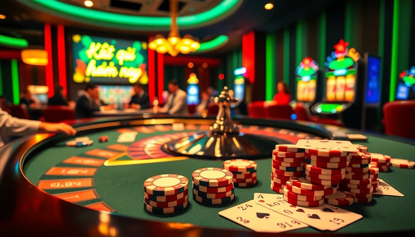 Kết quả xổ số hôm nay showcased alongside a thrilling casino scene with roulette and poker elements.