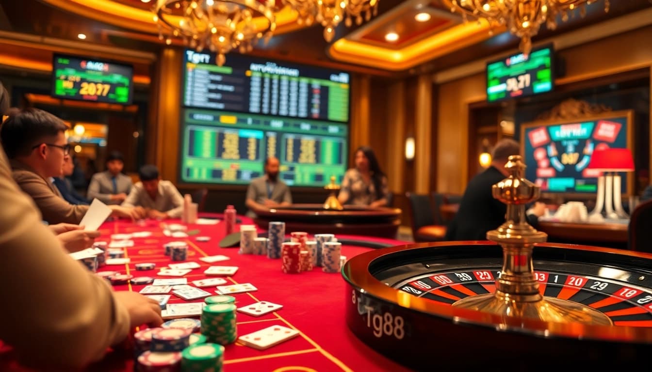 Players engaging in thrilling casino action at tg88, with poker chips and cards on a vibrant table.