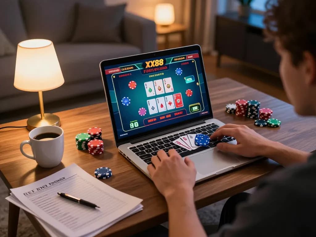 Player enjoying strategic game play on XX88's online platform in cozy home setting.