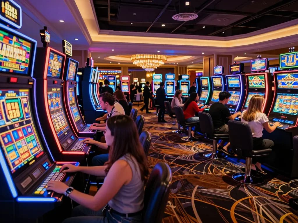 Pemain merayakan jackpot di mesin slot mpi2121 dalam suasana kasino yang berwarna-warni dengan lampu neon.