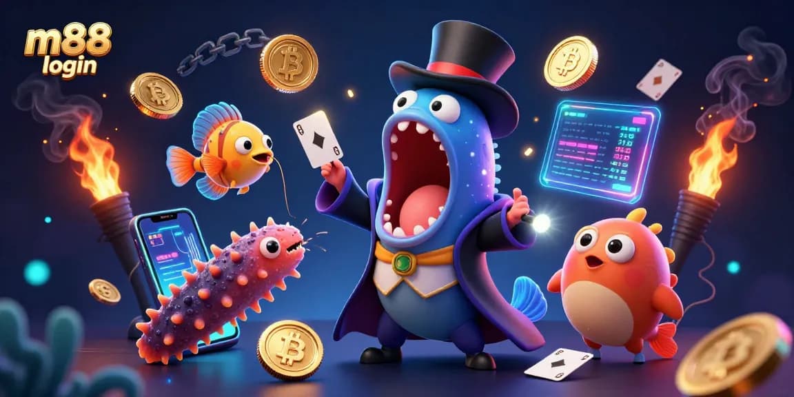 Experience m88 login engagingly with cartoon sea creatures performing a magical card trick.
