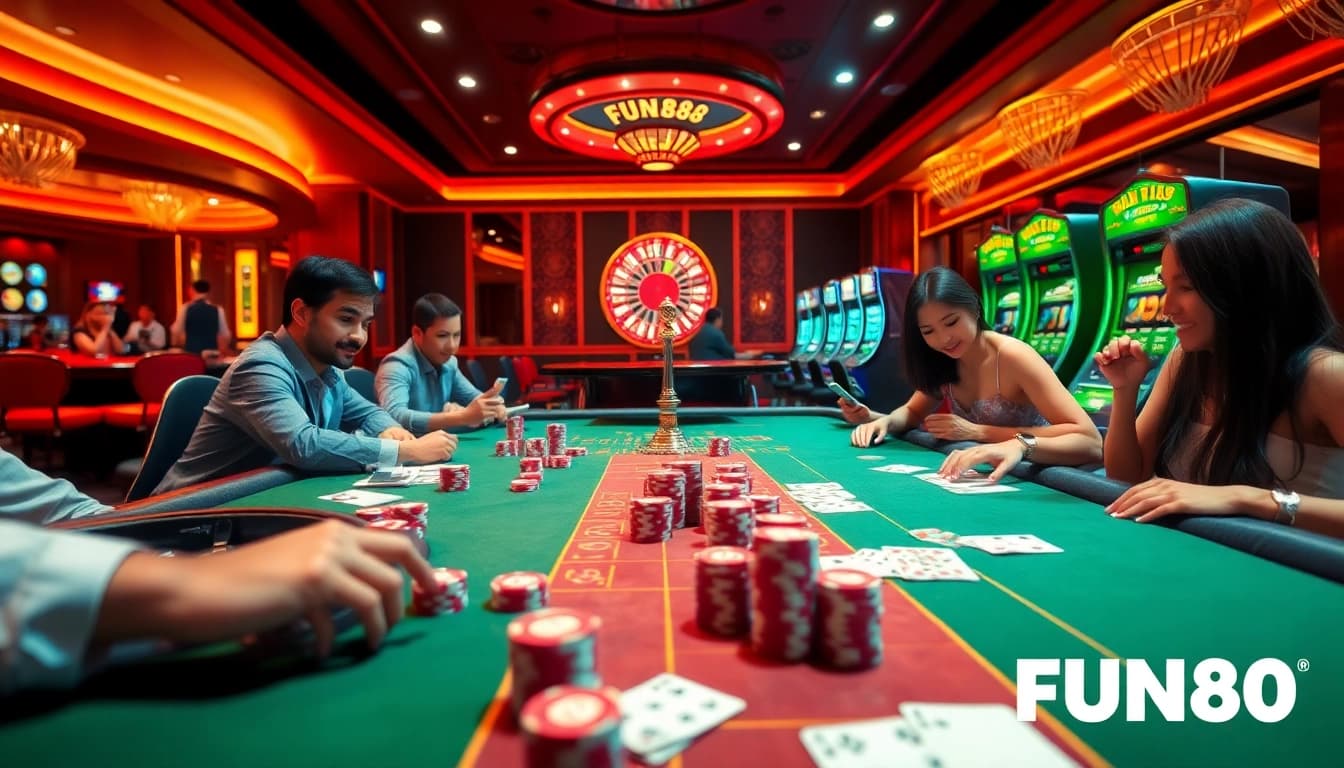 Exciting scene of players engaging with FUN88 casino tables and vibrant slot machines.