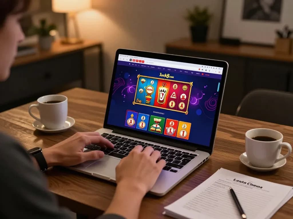 Engaging with luck8 com online casino from a cozy home setup, featuring a laptop display and strategy notes.