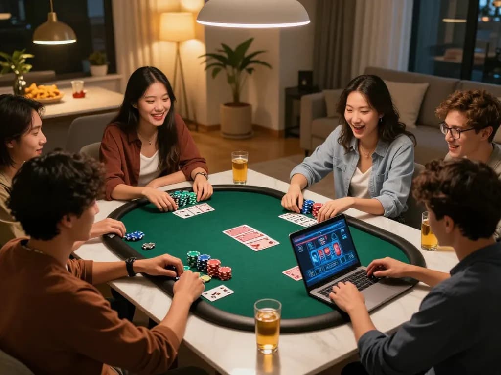 Teman-teman menikmati malam poker online di platform AMAN333, permainan yang menarik dengan chip berwarna-warni.