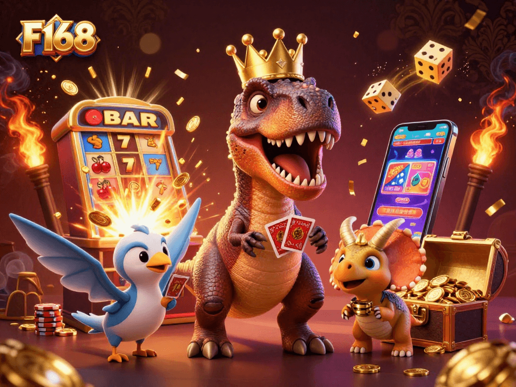 F168 showcases a T-Rex shuffling cards in dynamic casino scene with vibrant slot effects.