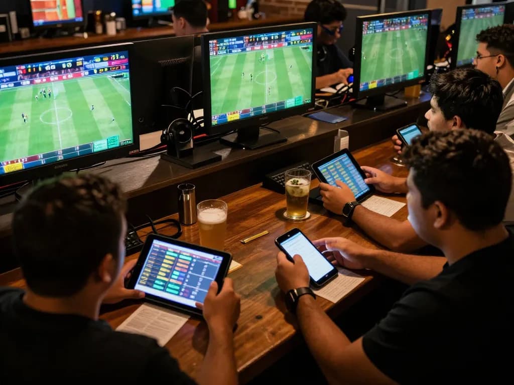 Engaged players studying sports data while wagering on keo nha cai 5 in a lively betting bar.