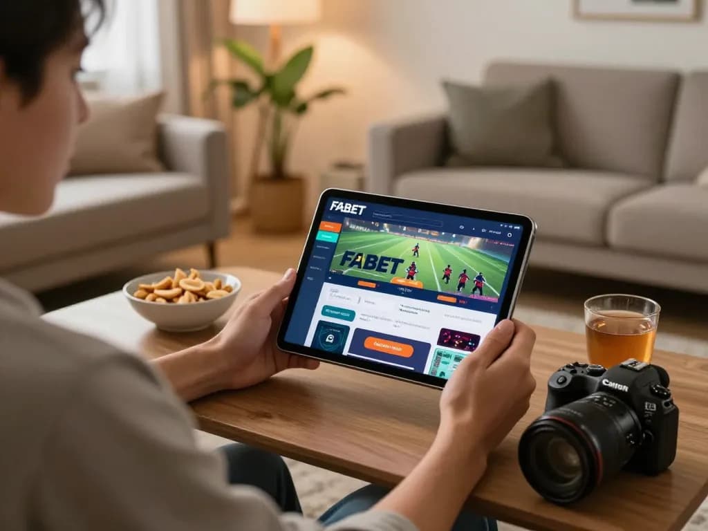 FABET sports betting app displayed on a tablet in a cozy home gaming setup, illustrating online gambling strategy.