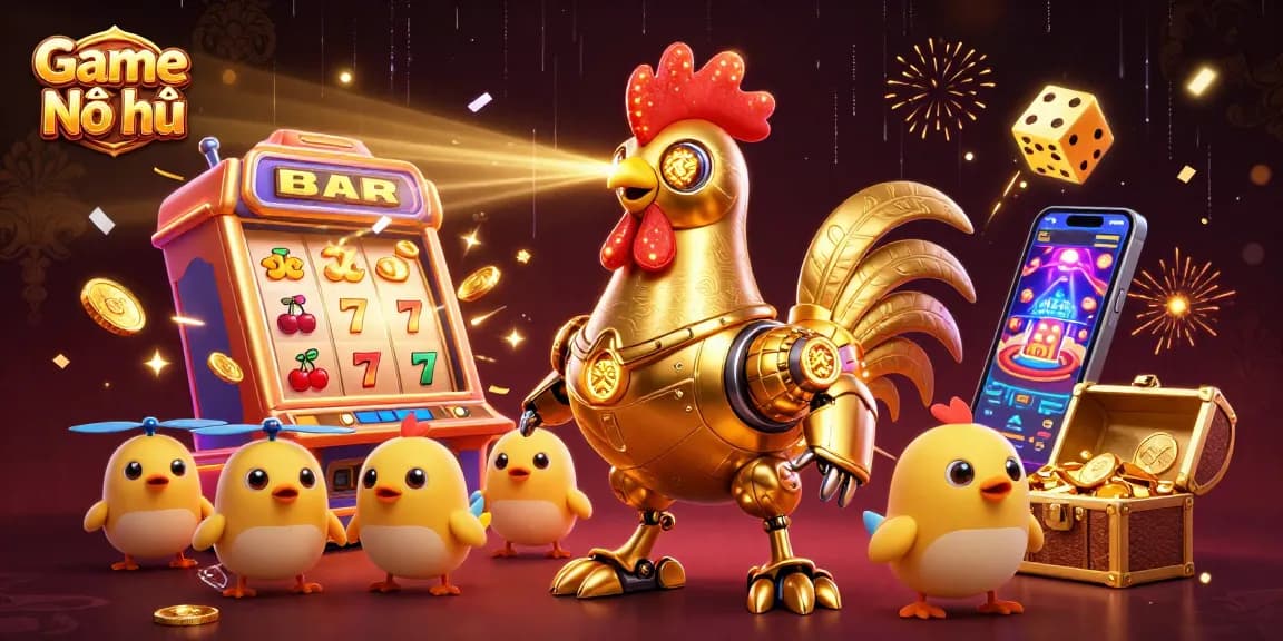 Experience the excitement of Game Nổ hũ with a golden rooster robot and baby chick drones amidst a jackpot explosion.